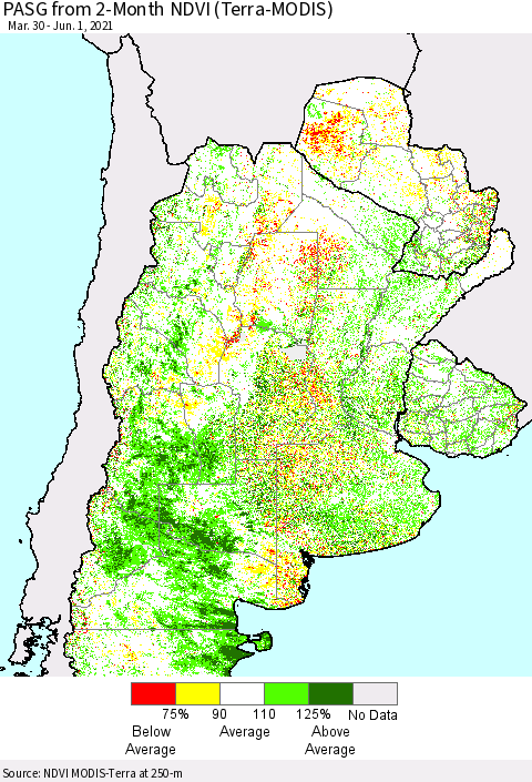 Southern South America PASG from 2-Month NDVI (Terra-MODIS) Thematic Map For 5/25/2021 - 6/1/2021