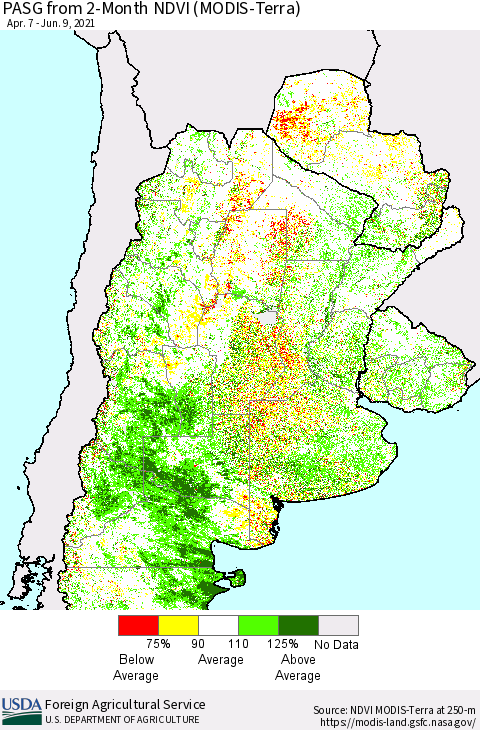 Southern South America PASG from 2-Month NDVI (Terra-MODIS) Thematic Map For 6/1/2021 - 6/10/2021