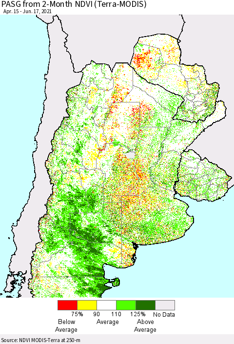 Southern South America PASG from 2-Month NDVI (Terra-MODIS) Thematic Map For 6/10/2021 - 6/17/2021
