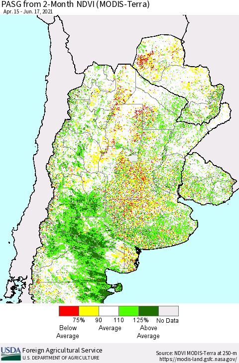 Southern South America PASG from 2-Month NDVI (Terra-MODIS) Thematic Map For 6/11/2021 - 6/20/2021