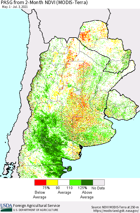 Southern South America PASG from 2-Month NDVI (Terra-MODIS) Thematic Map For 7/1/2021 - 7/10/2021