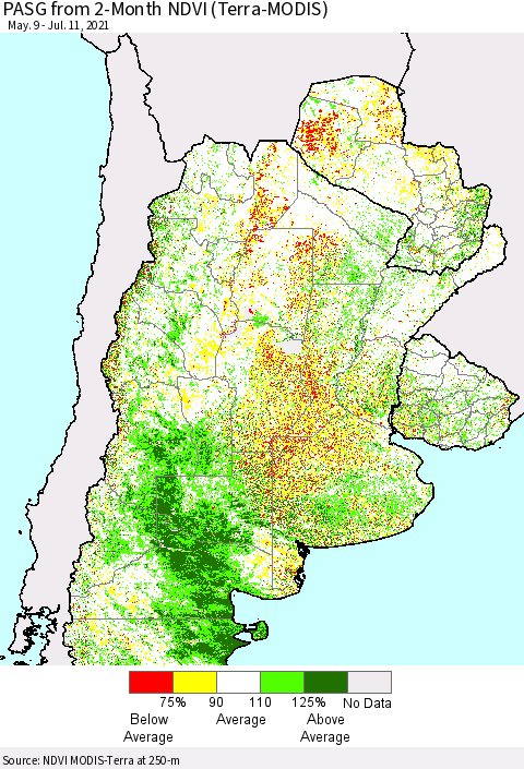 Southern South America PASG from 2-Month NDVI (Terra-MODIS) Thematic Map For 7/4/2021 - 7/11/2021