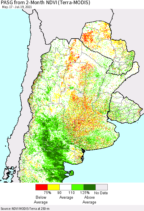 Southern South America PASG from 2-Month NDVI (Terra-MODIS) Thematic Map For 7/12/2021 - 7/19/2021