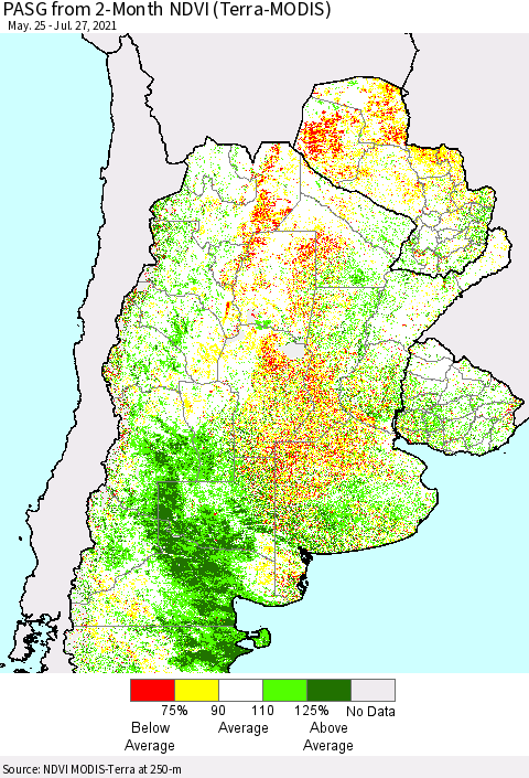 Southern South America PASG from 2-Month NDVI (Terra-MODIS) Thematic Map For 7/20/2021 - 7/27/2021