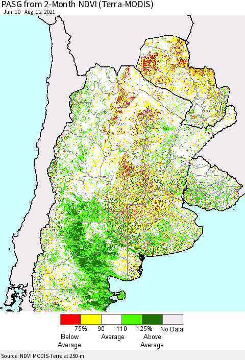 Southern South America PASG from 2-Month NDVI (Terra-MODIS) Thematic Map For 8/5/2021 - 8/12/2021
