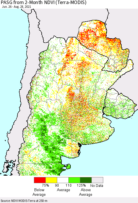 Southern South America PASG from 2-Month NDVI (Terra-MODIS) Thematic Map For 8/21/2021 - 8/28/2021