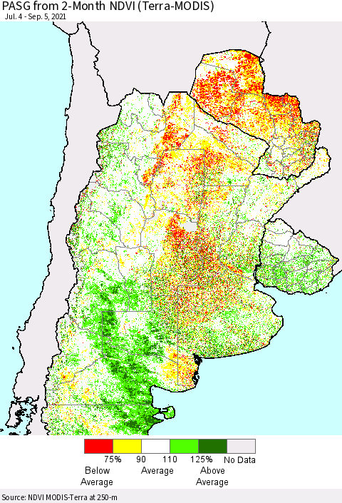 Southern South America PASG from 2-Month NDVI (Terra-MODIS) Thematic Map For 8/29/2021 - 9/5/2021