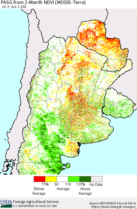 Southern South America PASG from 2-Month NDVI (Terra-MODIS) Thematic Map For 9/1/2021 - 9/10/2021