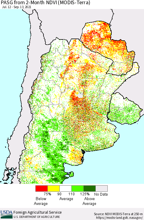 Southern South America PASG from 2-Month NDVI (Terra-MODIS) Thematic Map For 9/11/2021 - 9/20/2021