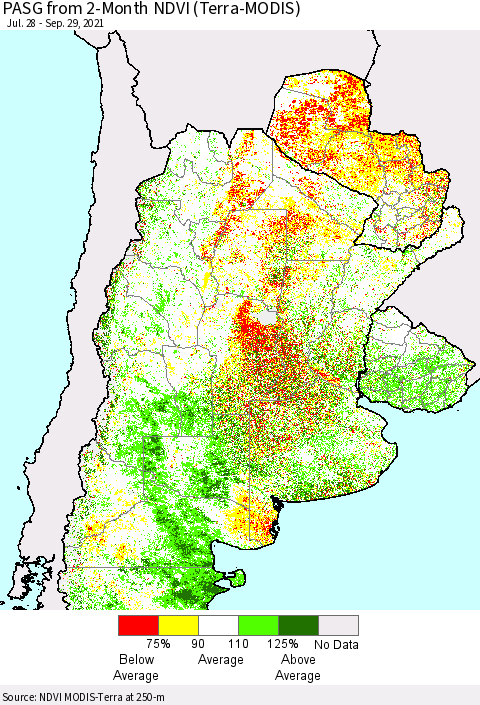 Southern South America PASG from 2-Month NDVI (Terra-MODIS) Thematic Map For 9/22/2021 - 9/29/2021