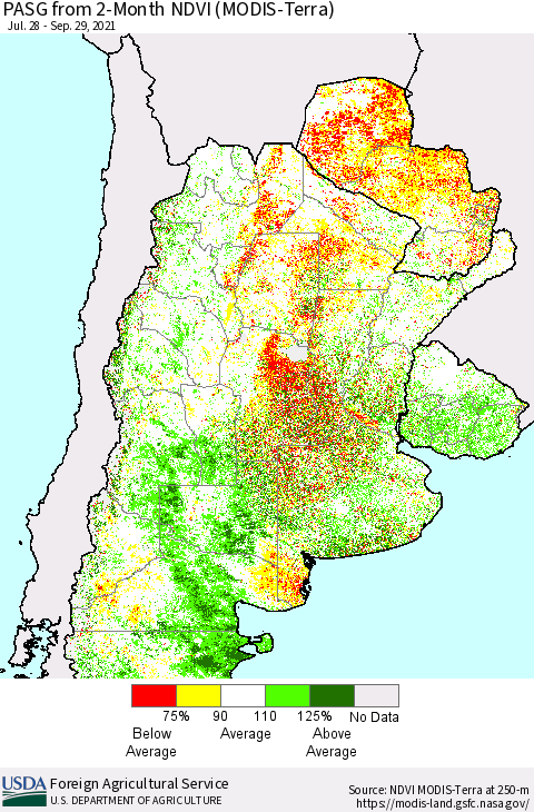 Southern South America PASG from 2-Month NDVI (Terra-MODIS) Thematic Map For 9/21/2021 - 9/30/2021