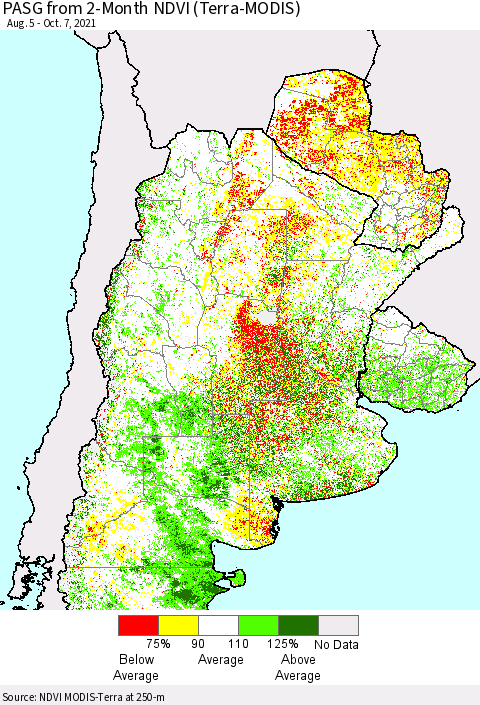 Southern South America PASG from 2-Month NDVI (Terra-MODIS) Thematic Map For 9/30/2021 - 10/7/2021