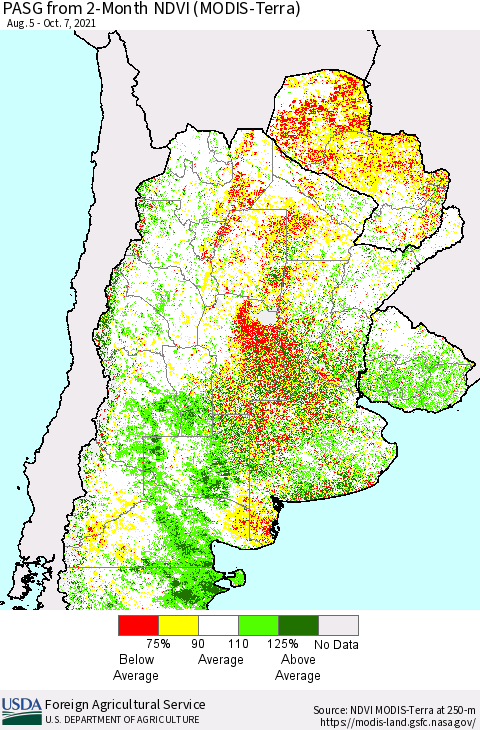 Southern South America PASG from 2-Month NDVI (Terra-MODIS) Thematic Map For 10/1/2021 - 10/10/2021
