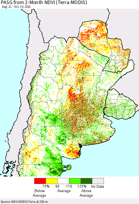 Southern South America PASG from 2-Month NDVI (Terra-MODIS) Thematic Map For 10/16/2021 - 10/23/2021