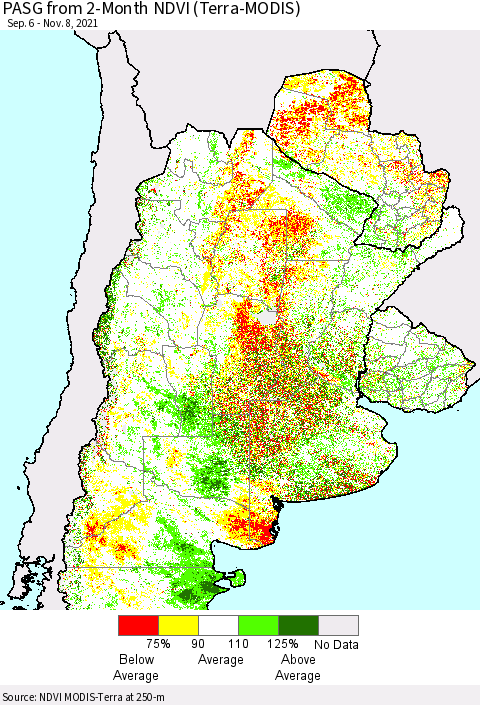 Southern South America PASG from 2-Month NDVI (Terra-MODIS) Thematic Map For 11/1/2021 - 11/8/2021