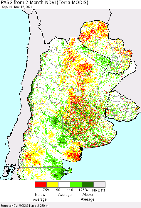 Southern South America PASG from 2-Month NDVI (Terra-MODIS) Thematic Map For 11/9/2021 - 11/16/2021
