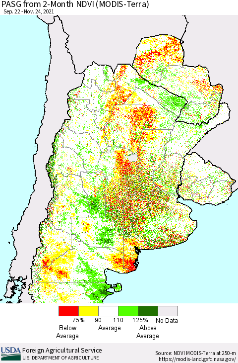 Southern South America PASG from 2-Month NDVI (Terra-MODIS) Thematic Map For 11/21/2021 - 11/30/2021