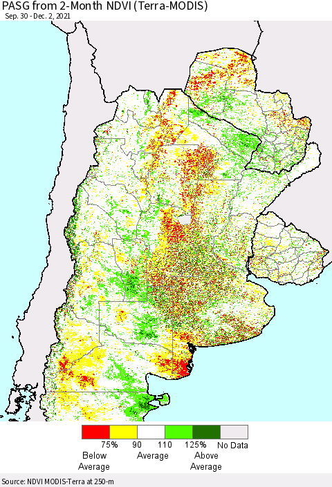 Southern South America PASG from 2-Month NDVI (Terra-MODIS) Thematic Map For 11/25/2021 - 12/2/2021
