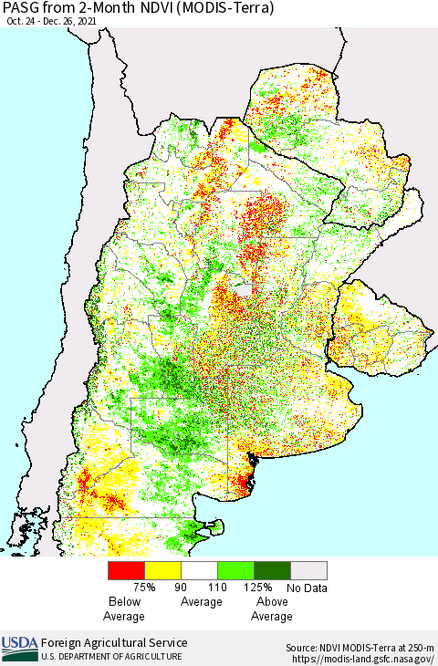 Southern South America PASG from 2-Month NDVI (Terra-MODIS) Thematic Map For 12/21/2021 - 12/31/2021