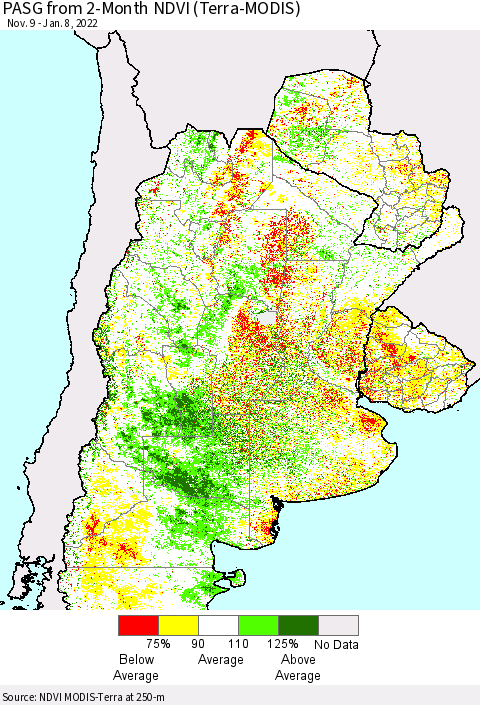 Southern South America PASG from 2-Month NDVI (Terra-MODIS) Thematic Map For 1/1/2022 - 1/8/2022