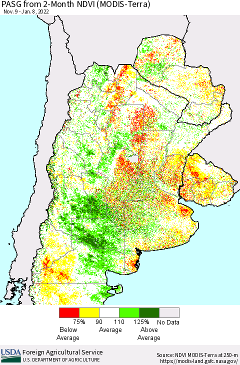 Southern South America PASG from 2-Month NDVI (Terra-MODIS) Thematic Map For 1/1/2022 - 1/10/2022