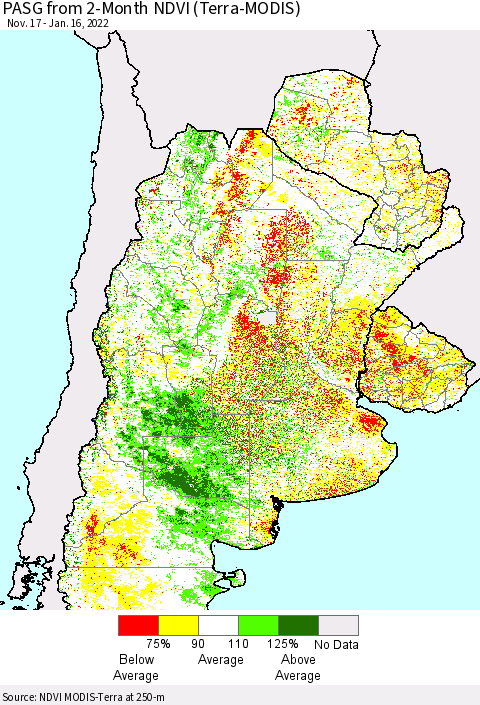 Southern South America PASG from 2-Month NDVI (Terra-MODIS) Thematic Map For 1/9/2022 - 1/16/2022