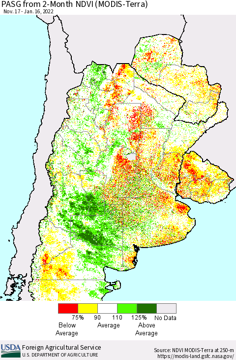 Southern South America PASG from 2-Month NDVI (Terra-MODIS) Thematic Map For 1/11/2022 - 1/20/2022