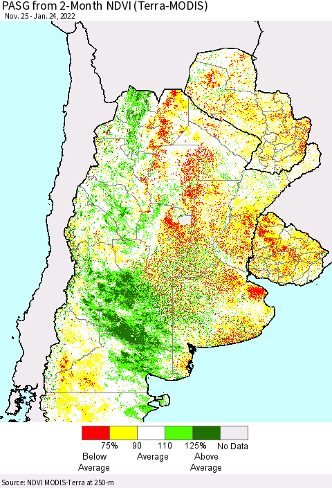 Southern South America PASG from 2-Month NDVI (Terra-MODIS) Thematic Map For 1/17/2022 - 1/24/2022