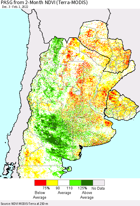 Southern South America PASG from 2-Month NDVI (Terra-MODIS) Thematic Map For 1/25/2022 - 2/1/2022
