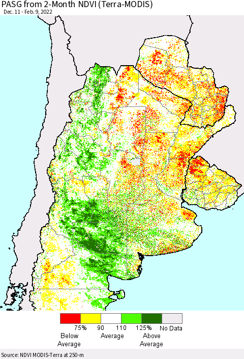 Southern South America PASG from 2-Month NDVI (Terra-MODIS) Thematic Map For 2/2/2022 - 2/9/2022