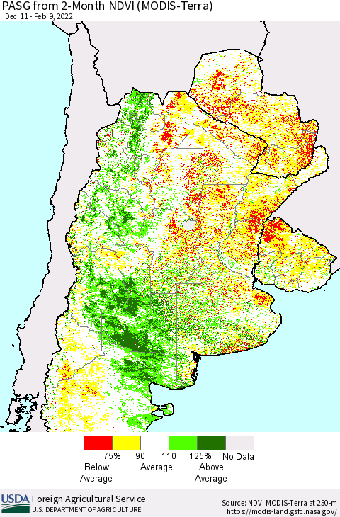 Southern South America PASG from 2-Month NDVI (Terra-MODIS) Thematic Map For 2/1/2022 - 2/10/2022