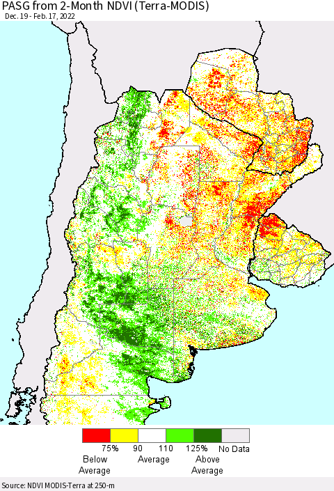 Southern South America PASG from 2-Month NDVI (Terra-MODIS) Thematic Map For 2/10/2022 - 2/17/2022