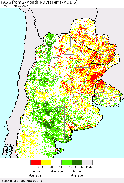 Southern South America PASG from 2-Month NDVI (Terra-MODIS) Thematic Map For 2/18/2022 - 2/25/2022