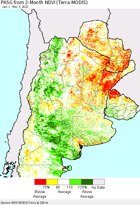 Southern South America PASG from 2-Month NDVI (Terra-MODIS) Thematic Map For 2/26/2022 - 3/5/2022