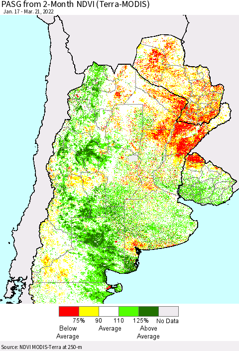Southern South America PASG from 2-Month NDVI (Terra-MODIS) Thematic Map For 3/14/2022 - 3/21/2022
