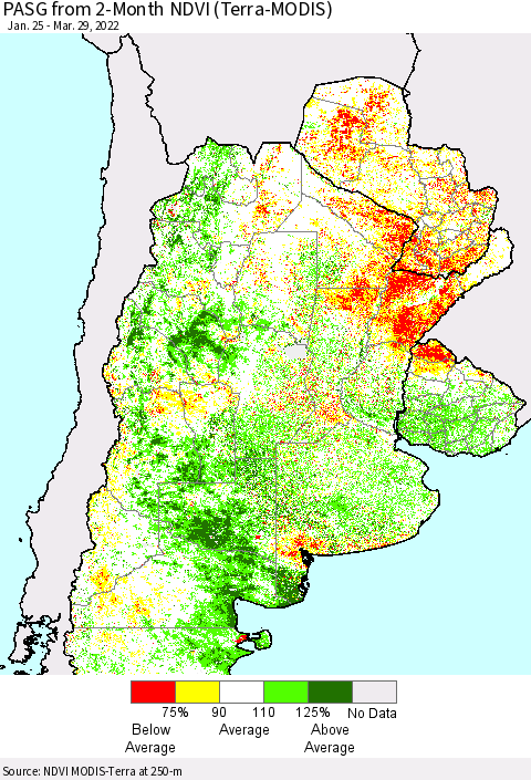 Southern South America PASG from 2-Month NDVI (Terra-MODIS) Thematic Map For 3/22/2022 - 3/29/2022