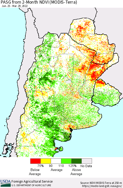 Southern South America PASG from 2-Month NDVI (Terra-MODIS) Thematic Map For 3/21/2022 - 3/31/2022