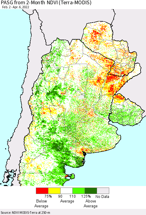 Southern South America PASG from 2-Month NDVI (Terra-MODIS) Thematic Map For 3/30/2022 - 4/6/2022