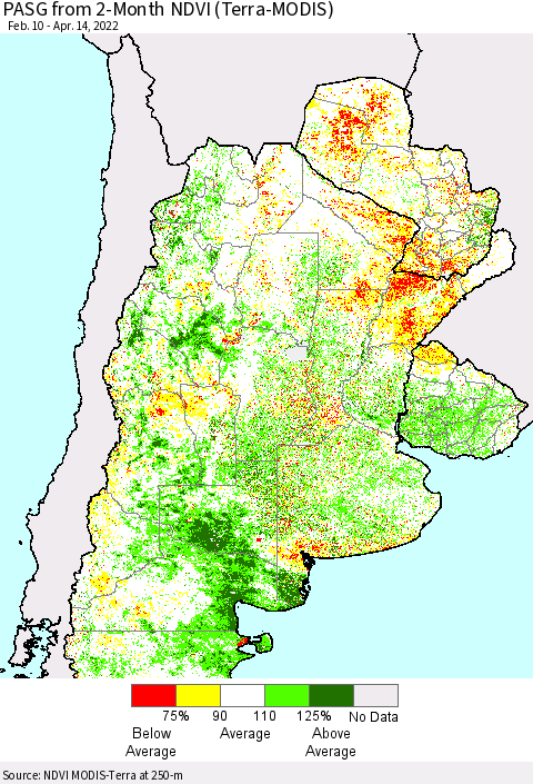 Southern South America PASG from 2-Month NDVI (Terra-MODIS) Thematic Map For 4/7/2022 - 4/14/2022