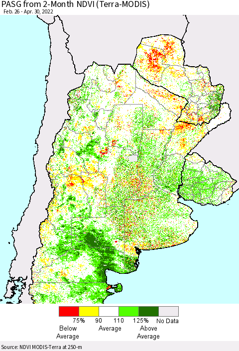 Southern South America PASG from 2-Month NDVI (Terra-MODIS) Thematic Map For 4/21/2022 - 4/30/2022