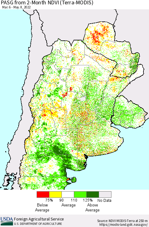 Southern South America PASG from 2-Month NDVI (Terra-MODIS) Thematic Map For 5/1/2022 - 5/10/2022