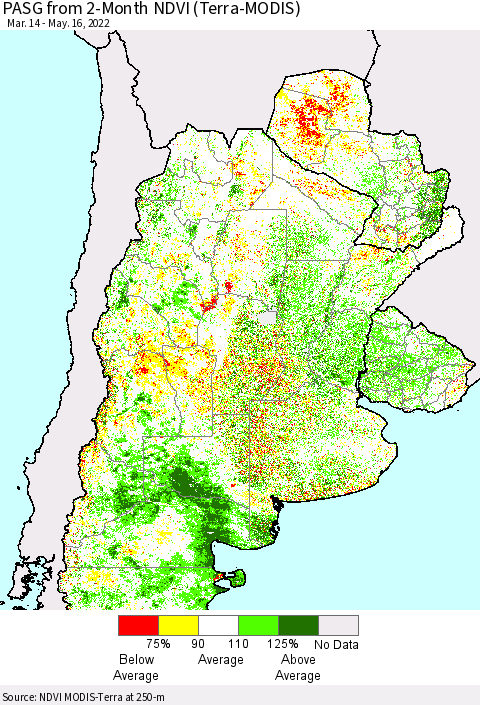 Southern South America PASG from 2-Month NDVI (Terra-MODIS) Thematic Map For 5/9/2022 - 5/16/2022