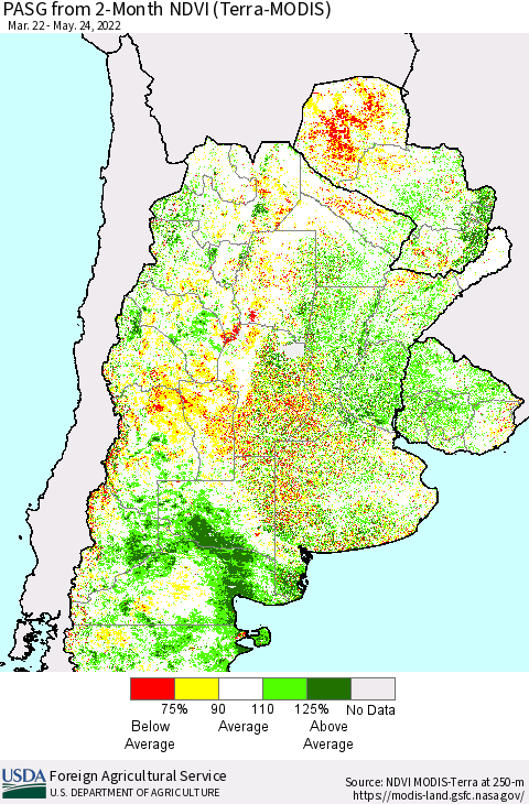 Southern South America PASG from 2-Month NDVI (Terra-MODIS) Thematic Map For 5/21/2022 - 5/31/2022
