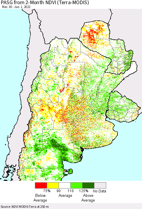 Southern South America PASG from 2-Month NDVI (Terra-MODIS) Thematic Map For 5/25/2022 - 6/1/2022