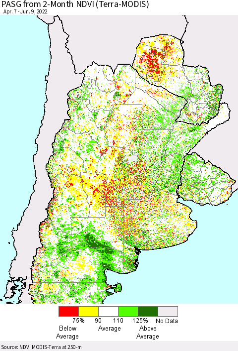 Southern South America PASG from 2-Month NDVI (Terra-MODIS) Thematic Map For 6/2/2022 - 6/9/2022