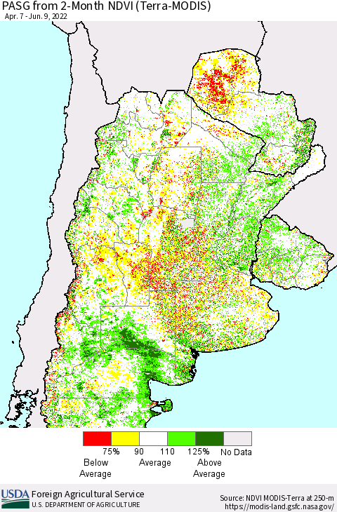 Southern South America PASG from 2-Month NDVI (Terra-MODIS) Thematic Map For 6/1/2022 - 6/10/2022