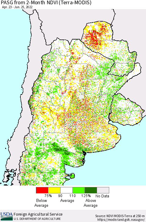 Southern South America PASG from 2-Month NDVI (Terra-MODIS) Thematic Map For 6/21/2022 - 6/30/2022
