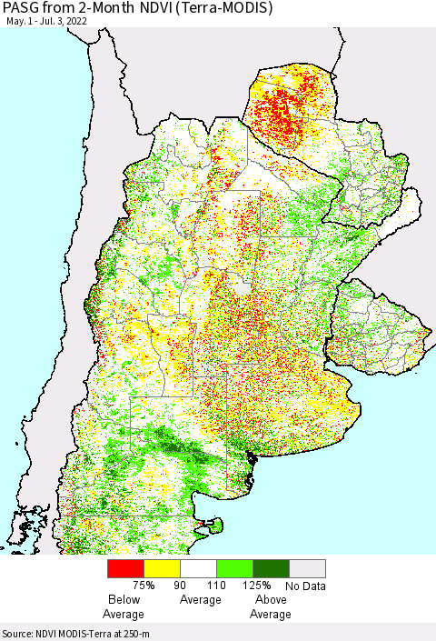 Southern South America PASG from 2-Month NDVI (Terra-MODIS) Thematic Map For 6/26/2022 - 7/3/2022