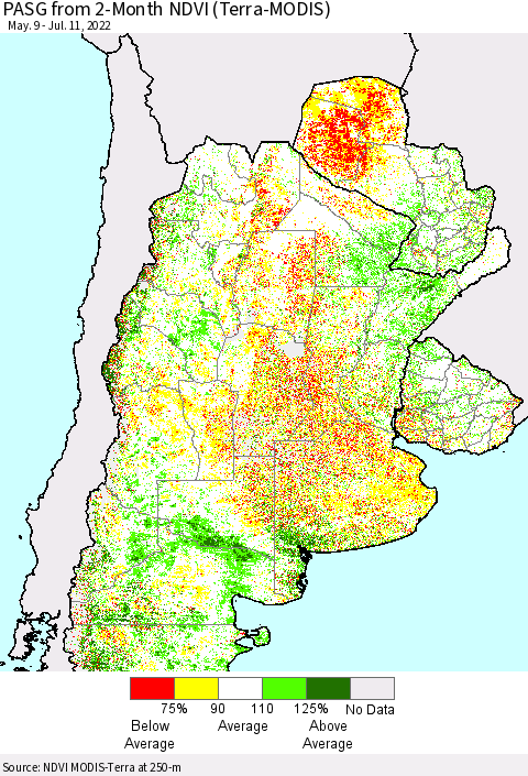 Southern South America PASG from 2-Month NDVI (Terra-MODIS) Thematic Map For 7/4/2022 - 7/11/2022