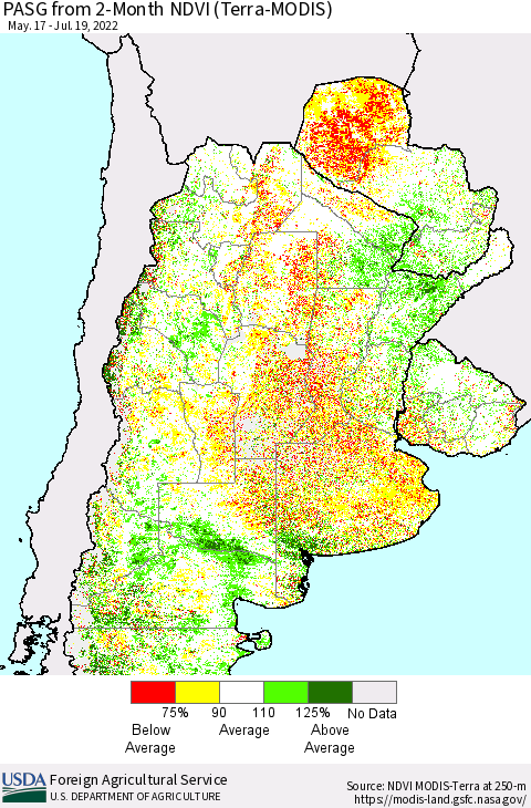 Southern South America PASG from 2-Month NDVI (Terra-MODIS) Thematic Map For 7/11/2022 - 7/20/2022